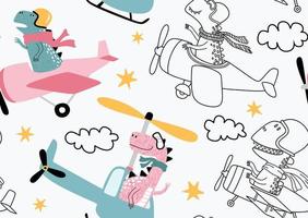 modèle sans couture avec de mignons dinosaures volant en avion. vecteur