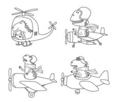 Doodle ensemble de mignons dinosaures volant en avion vecteur