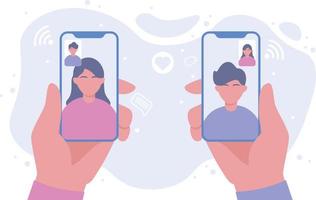 concept d'appel vidéo. main masculine tenant un smartphone faisant une conversation en ligne avec des amies. converser par vidéo, réunion à distance et concept d'appel téléphonique. illustration vectorielle. vecteur