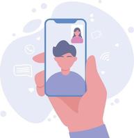 concept d'appel vidéo. main masculine tenant un smartphone faisant une conversation en ligne avec des amies. converser par vidéo, réunion à distance et concept d'appel téléphonique. illustration vectorielle. vecteur