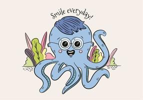 Cute Blue Octopus Character Wearing Glasses And Saying Smile vecteur