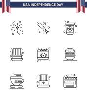 pack de 9 lignes de célébration de la fête de l'indépendance des états-unis et symboles du 4 juillet tels que le calendrier usa usa presidents day modifiable usa day vector design elements