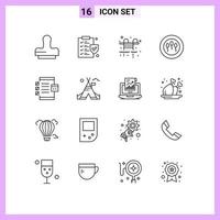 contour de l'interface mobile ensemble de 16 pictogrammes de développement gratuit de la tente piscine développer des éléments de conception vectoriels modifiables de l'application vecteur