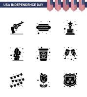 joyeux jour de l'indépendance 4 juillet ensemble de 9 glyphes solides pictogramme américain de boisson gazeuse réalisation fleur du désert éléments de conception vectoriels modifiables usa day vecteur