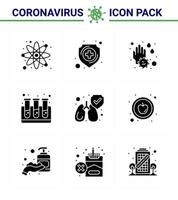 9 glyphe solide ensemble noir d'icônes épidémiques de virus corona telles que nettoyer les tubes à essai de la main coronavirus viral du sang 2019nov éléments de conception de vecteur de maladie