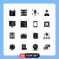 16 symboles de glyphe de pack d'icônes noires solides pour les applications mobiles isolés sur fond blanc. 16 icônes définies. vecteur