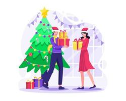 un couple homme et femme se donnent des cadeaux pour noël et la célébration des vacances d'hiver du nouvel an. illustration vectorielle dans un style plat vecteur