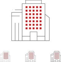 travail d'immeuble de bureaux jeu d'icônes de ligne noire audacieuse et mince vecteur