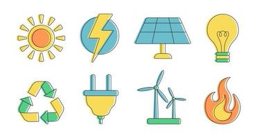 jeu d'icônes de ligne d'énergie renouvelable. symboles verts d'énergie alternative. vecteur