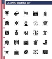 pack de 25 signes de glyphes solides de célébration de la fête de l'indépendance des états-unis et symboles du 4 juillet tels que la date de la bouteille calendrier de mortier états-unis modifiables éléments de conception vectorielle de la journée des états-unis vecteur