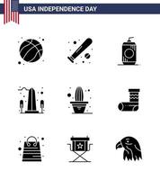 joyeux jour de l'indépendance pack de 9 glyphes solides signes et symboles pour washington vue usa monument usa modifiable usa day vector design elements