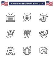 9 usa line pack de signes et symboles de la fête de l'indépendance de frise nourriture boisson hot dog police modifiable usa day vector design elements