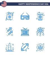 joyeux jour de l'indépendance pack de 9 signes et symboles de blues pour l'indépendance tambour boisson tirer feu modifiable usa day vector design elements