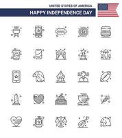 joyeux jour de l'indépendance pack de 25 lignes signes et symboles pour bouclier aigle hot dog célébration américain modifiable usa day vector design elements