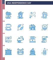 pack de 16 signes de blues de célébration de la fête de l'indépendance des états-unis et symboles du 4 juillet tels que bouchon soda independece boisson bouteille modifiable usa day vector design elements