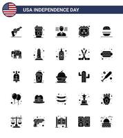 25 signes de glyphes solides pour la fête de l'indépendance des états-unis burger américain homme sécurité de la police éléments de conception vectoriels modifiables de la journée des états-unis vecteur