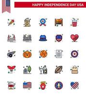 bonne fête de l'indépendance pack de 25 signes et symboles de lignes remplies à plat pour les portes de l'indépendance du salon d'entrée police modifiable usa day vector design elements