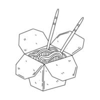 boîte ouverte avec des nouilles dans un style doodle dessiné à la main. baguettes dans les nouilles. repas de rue asiatique. icône de menu isolé sur fond blanc. vecteur