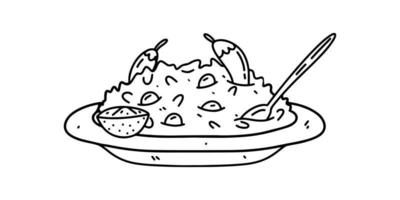 haricots mijotés avec du riz dans un style doodle dessiné à la main. repas cubain traditionnel. illustration vectorielle isolée sur blanc. vecteur