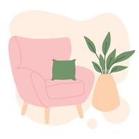 intérieur de salon moderne. éléments de décoration pour un intérieur moderne. un fauteuil avec un chevet et une assise de chambre. illustration vectorielle dessinée à la main dans un style dessin animé. vecteur