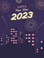 fond de bonne année 2023. ville de nuit avec des feux d'artifice colorés dans l'illustration vectorielle du ciel. concept de décoration de vacances, carte, affiche, bannière, flyer vecteur