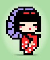 Pixel 8 bits de geisha japon. les femmes habillent le kimono dans des illustrations vectorielles pour les points de croix et les atouts du jeu. vecteur