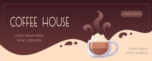 café. bannière horizontale avec une tasse en verre de cappuccino chaud multicouche avec une mousse luxuriante de crème fouettée. illustration vectorielle de nourriture pour boutique, café bar, barista, flyer, publicité, promo, menu vecteur