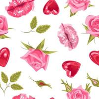 La Saint-Valentin. lèvres brillantes de style aquarelle et ballons en forme de coeur rougeoyants, roses roses. modèle sans couture lumineux. pour papier peint, impression sur tissu, emballage vecteur