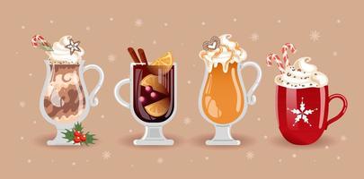 boissons de noël d'hiver. café au chocolat, cacao et chantilly. cidre de pomme épicé chaud avec brandy et caramel. Vin chaud. sucre d'orge. illustration vectorielle de nourriture pour menu, café, carte postale, autocollant. vecteur