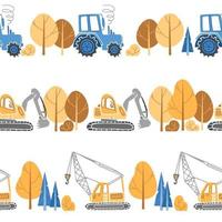 modèle de machines de construction pour enfants. illustration de dessin animé style scandinave. excavatrice de machine de transport, grue de tracteur conduit le long de la route. pour pépinière, papier peint, tissu d'impression, emballage. vecteur