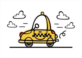 une drôle de petite voiture de taxi jaune se précipite le long de la route. illustration pour enfants dans un style doodle. pour autocollants, affiches, cartes postales, éléments de design vecteur