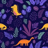 motif pour enfants mignon d'été lumineux. dinosaures drôles, plantes tropicales palmier fougère monstera. illustration vectorielle en style cartoon. pour l'impression sur tissu, marchandise, emballage cadeau. vecteur