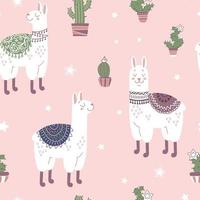 modèle sans couture lumineux pour enfants en style cartoon. mignons lamas dans des couvertures ethniques colorées, cactus, étoiles, fond rose. couleurs pastel tendance. pour pépinière, papier peint, impression sur tissu, emballage. vecteur