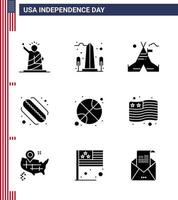 pack de lignes vectorielles modifiables de la journée des états-unis 9 glyphes solides simples de basket-ball hotdog usa camp américain éléments de conception vectoriels modifiables de la journée des états-unis vecteur