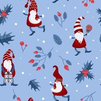 motif de noël lumineux. gnomes en casquettes, cannes de bonbon, cadeaux, églantier d'hiver, houx. style plat dans les tons rouge-bleu. pour pépinière, papier peint, impression sur tissu, emballage vecteur