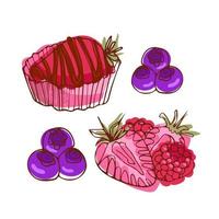 illustration vectorielle doodle dans un ensemble appétissant de style vintage de myrtilles, mûres, fraises. jour le plus doux. journée nationale de la fraise. pour livres de cuisine, desserts, menus, cartes postales, affiches. vecteur