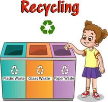 les enfants jettent des ordures dans le bac de recyclage.les enfants polluent le vecteur de dessin animé de l'environnement