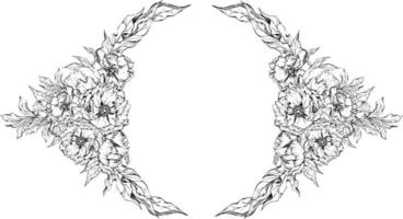 arrangement de couronne de cadre de cercle vectoriel dessiné à la main avec des fleurs, des bourgeons et des feuilles de pivoine. isolé sur fond blanc. conception d'invitations, cartes de mariage ou de voeux, papier peint, impression, textile