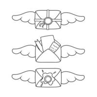 ensemble d'icônes monochromes, belle enveloppe vintage romantique avec ailes, cire à cacheter et ruban, illustration vectorielle en style cartoon vecteur