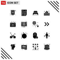 pack de 16 signes et symboles de glyphes solides modernes pour les supports d'impression web tels que la protection du calendrier lit internet antivirus éléments de conception vectoriels modifiables vecteur