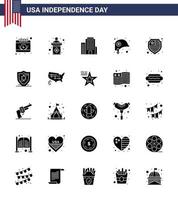 pack de glyphes solides vectoriels modifiables de la journée des états-unis 25 glyphe solide simple de bouclier bâtiment américain casque étoile éléments de conception vectoriels modifiables de la journée des états-unis vecteur