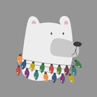 tête d'ours polaire blanc de vacances avec des lumières de noël. illustration vectorielle d'ours de dessin animé mignon en bonnet rouge chaud et écharpe pour cartes de voeux, impressions vecteur