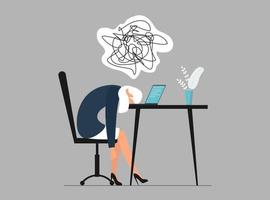 épuisement professionnel au travail et chaos dans la tête. une femme gestionnaire fatiguée et surmenée sur le lieu de travail se trouve face vers le bas sur un ordinateur portable. problèmes de santé mentale des travailleurs frustrés. illustration vectorielle eps vecteur