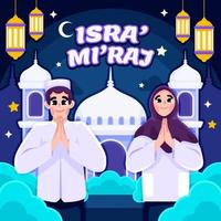 joli couple saluant isra miraj le voyage nocturne islamique de nabi muhammmad saw vecteur