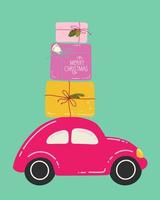 voiture rose avec des coffrets cadeaux sur le toit. joyeux noël salutations. illustration vectorielle pour impressions, cartes postales et invitations. fond de joyeuses fêtes. vecteur