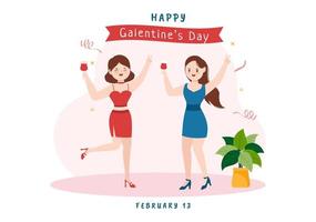 bonne fête de la galentine le 13 février avec la célébration de l'amitié des femmes pour leur liberté en dessin animé plat illustration de modèle dessiné à la main vecteur