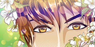 yeux bruns d'un jeune homme avec des fleurs dans le style anime. regard heureux. vecteur