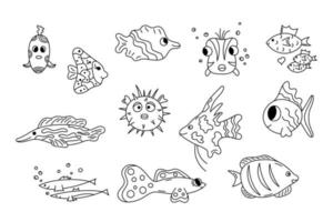 joli jeu de doodle de poisson. collection vectorielle de demeures marines de contour de dessin animé. vie marine sauvage dans un style dessiné à la main. doodle illustration noir et blanc pour les enfants. poisson nageur isolé vecteur