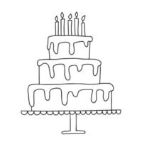 joyeux anniversaire à colorier. coloriage avec gâteau d'anniversaire doodle et bougies vecteur