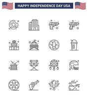 16 usa line pack de signes et symboles de la fête de l'indépendance du bâtiment historique signe de la police de sécurité police modifiable usa day vector design elements